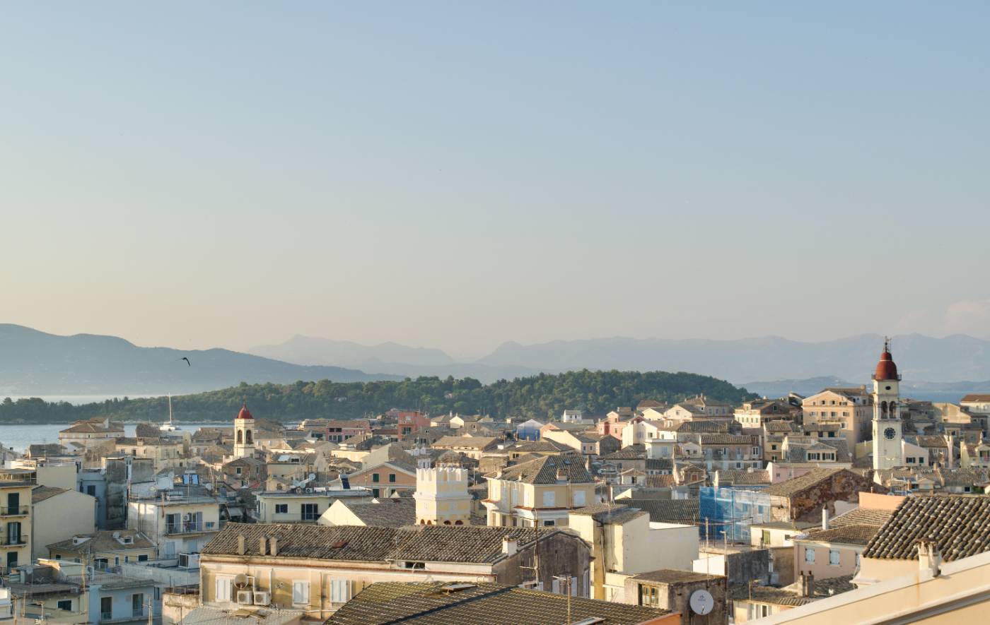 Corfu Old Town rooftops at dusk